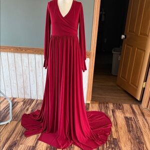 Women’s Long Sleeve Wrap Maxi Dress in Burgundy- maternity